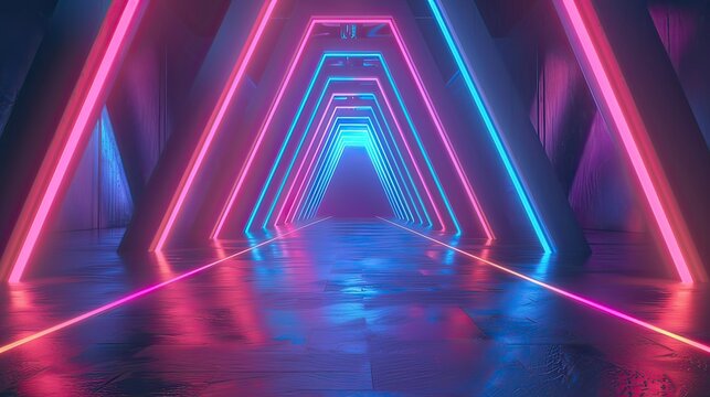 A playful flying tunnel with glowing triangle lights, featuring an animated retro color scheme of pinks and blues. 
