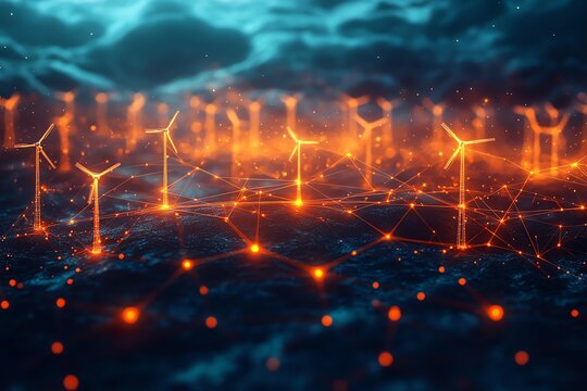 Abstract futuristic wind turbines on a glowing network with blue and orange tones.
