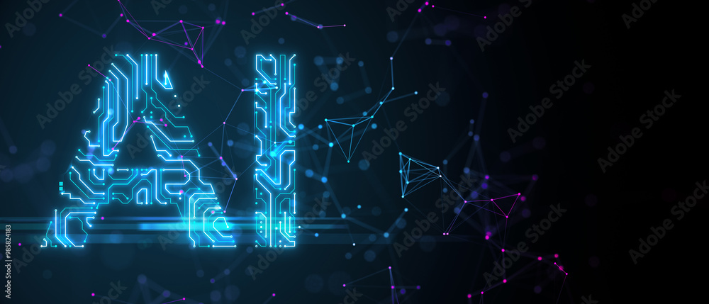Leinwandbilder ai circuitry icon with connected neural network background. 3d rendering