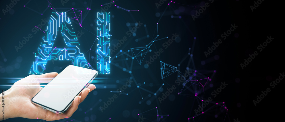 Poster hand holding smartphone with ai circuit symbol on dark digital network background.