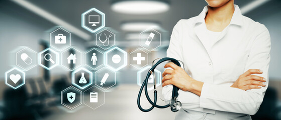 Female doctor holding stethoscope with medical icons and interface overlay in a clinic background.