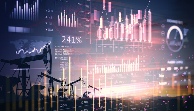 Oil rigs and digital financial graphs showing market data on a technological background.