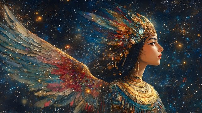 Sumerian Goddess Inanna Adorned with Celestial Motifs in Vibrant Painting