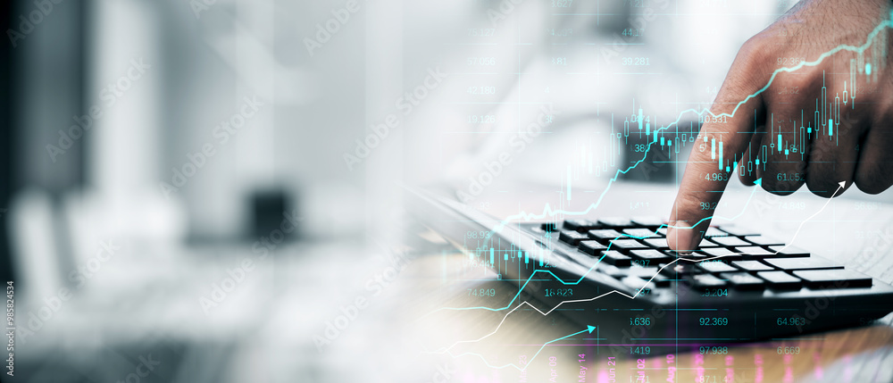 Poster closeup of a hand pressing a calculator with financial charts superimposed.