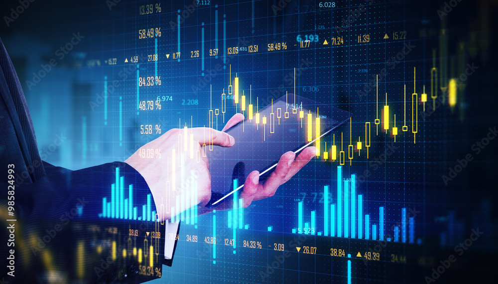 Poster Businessperson analyzing forex trading data on a tablet with virtual candlestick graphs overlayed on a digital blue background.