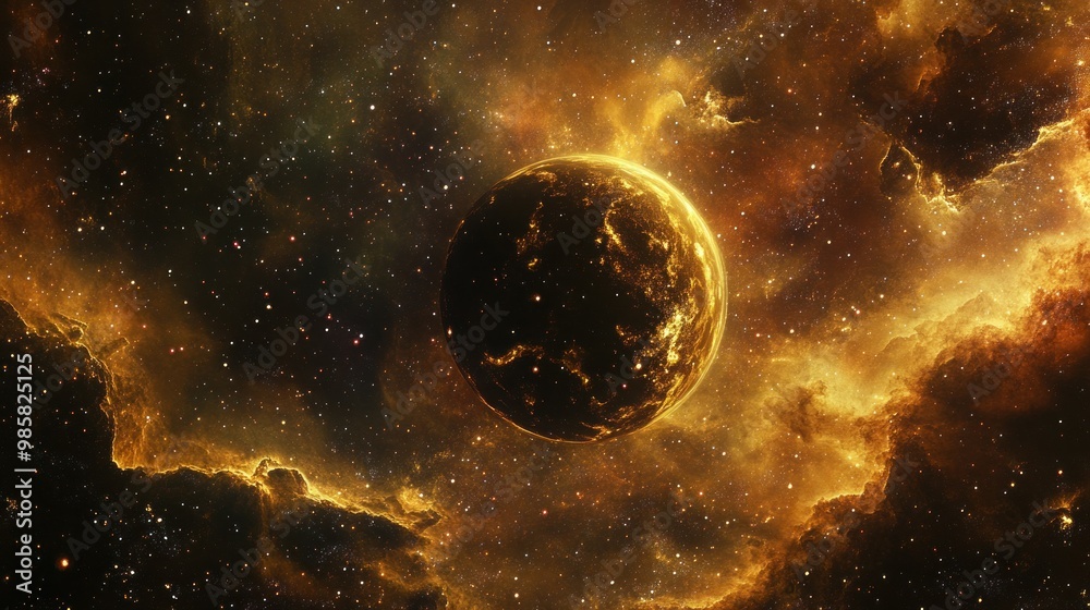 Sticker A Golden Planet Amidst Glowing Nebulae and Stars