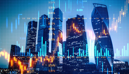 Moscow city skyscrapers with financial market graphs overlay, upward trend concept.