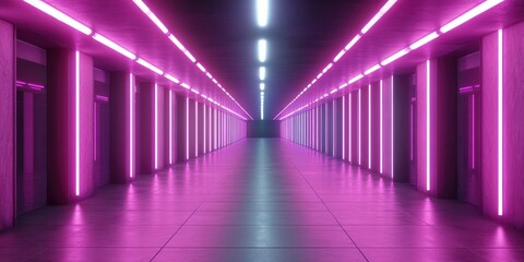 Fototapeta premium Futuristic corridor illuminated with pink neon lights.