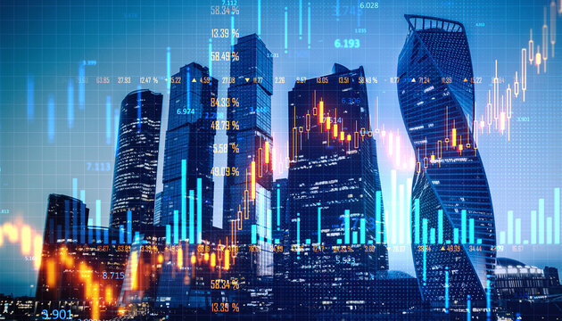 Moscow city skyscrapers with financial market graphs overlay, upward trend concept.