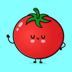 Cute funny Tomato waving hand. Vector hand drawn cartoon kawaii character illustration icon. Isolated on blue background. Tomato character concept