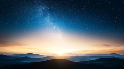 Fototapeta premium Night sky glowing with stars, distant horizon, thin clouds, calm darkness.