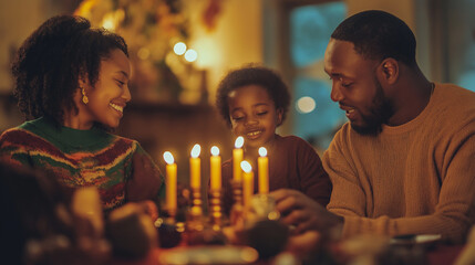  Happy African Family Celebrating Kwanzaa with Kinara Candles at a Cozy Dinner