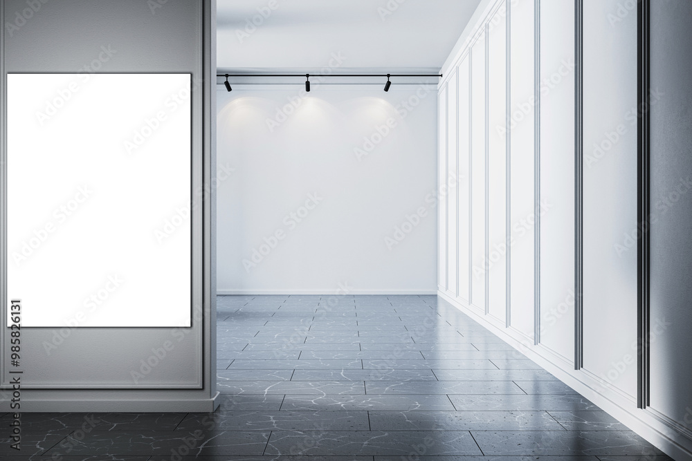 Poster Modern gallery interior with empty frames and spotlights. 3D Rendering