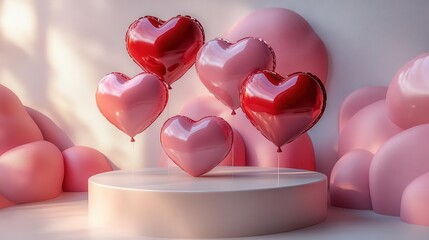 3d rendered valentines scene with heartshaped balloons empty podium display on white background soft romantic lighting with red and pink color scheme elegant product presentation