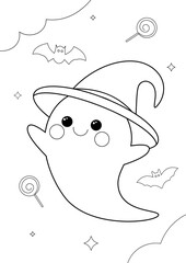 Cute ghost wearing witch hat in doodle style. Happy Halloween coloring page for kids and adults.