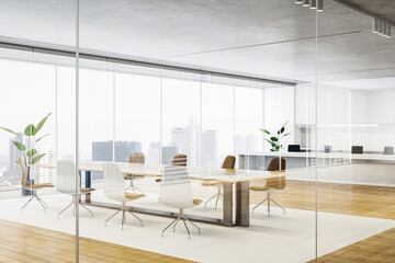 Modern empty office interior with large glass windows and city view. 3D Rendering