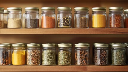 A variety of spices in clear jars, arranged neatly on a kitchen spice rack.