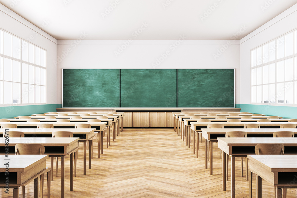 Poster Modern classroom interior with empty desks and large chalkboard. 3D Rendering