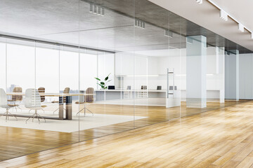 Modern empty office interior with glass partitions and wooden flooring. 3D Rendering