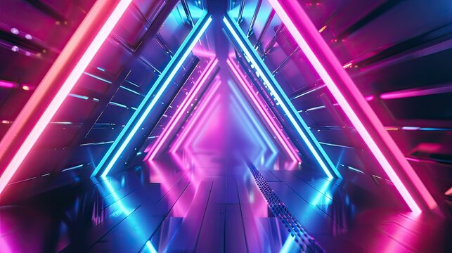 A playful flying tunnel with glowing triangle lights, featuring an animated retro color scheme of pinks and blues. 