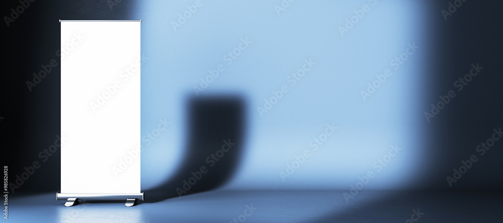 Aufkleber roll-up banner mockup in a studio with gradient background. 3d rendering