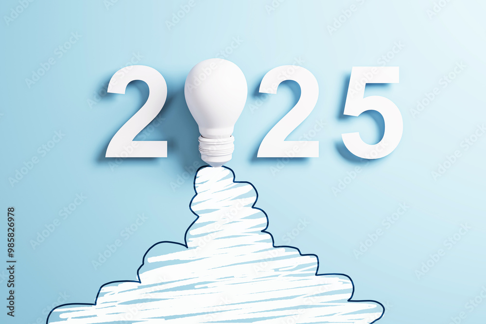 Poster Lightbulb forming the zero in 2025 against a blue background. 3D Rendering