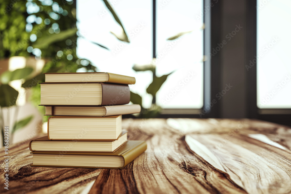 Poster stack of hardcover books on a wooden table in a sunlit room. 3d rendering
