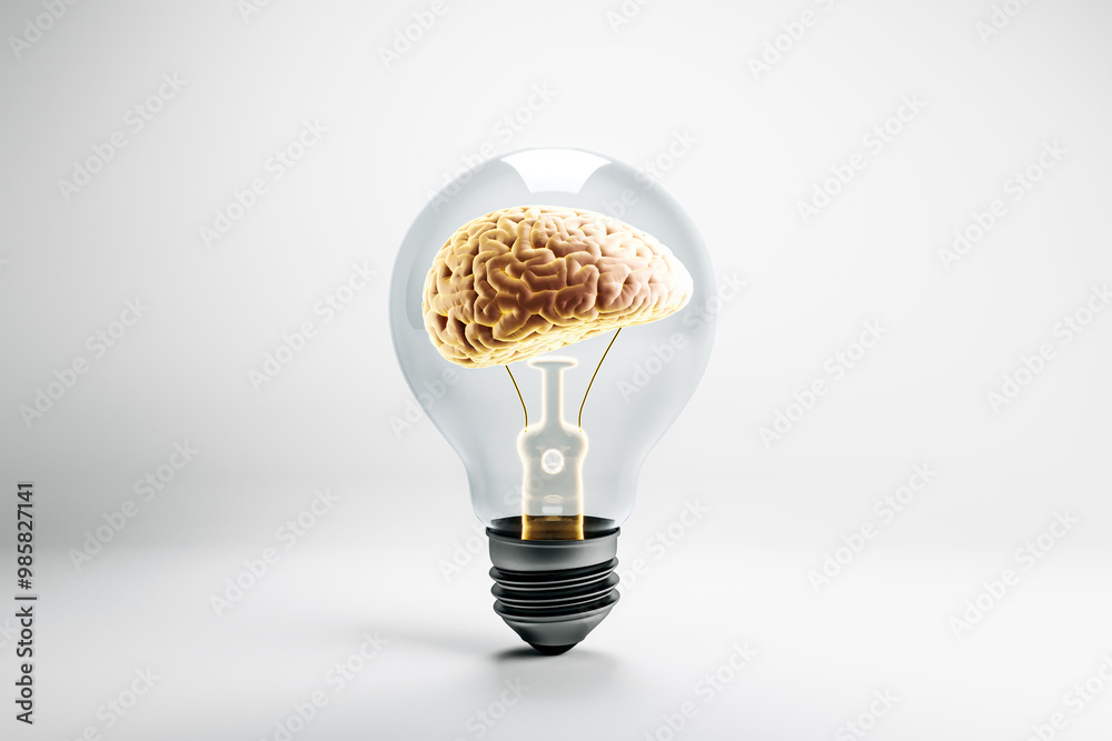 Poster Brain inside a lightbulb symbolizing creativity and intelligence. 3D Rendering