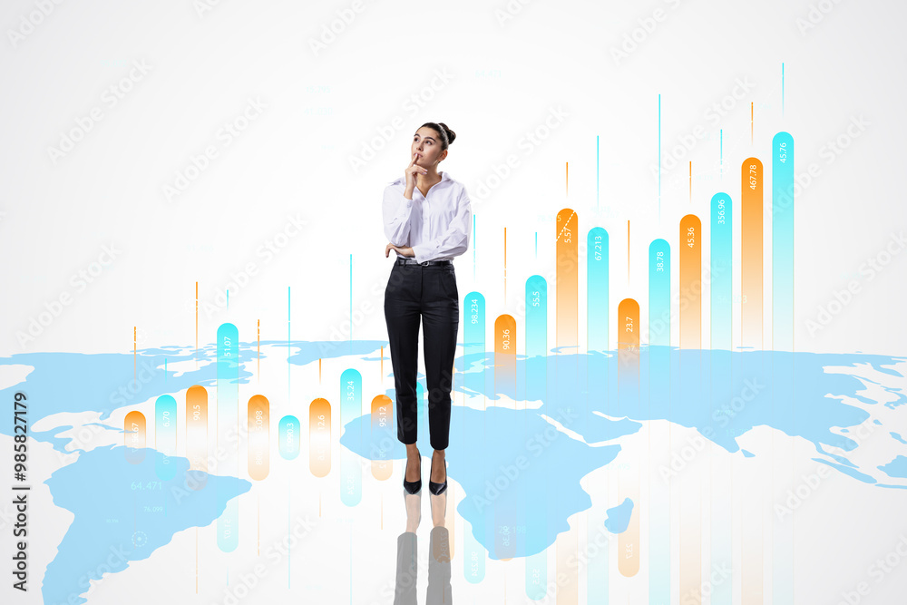 Poster Businesswoman analyzing data with futuristic bar graph on world map background.