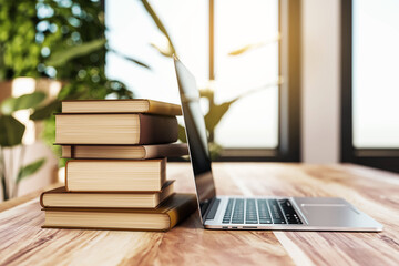 Stack of Hardcover Books and Laptop on Wooden Table in Sunlit Room. 3D Rendering