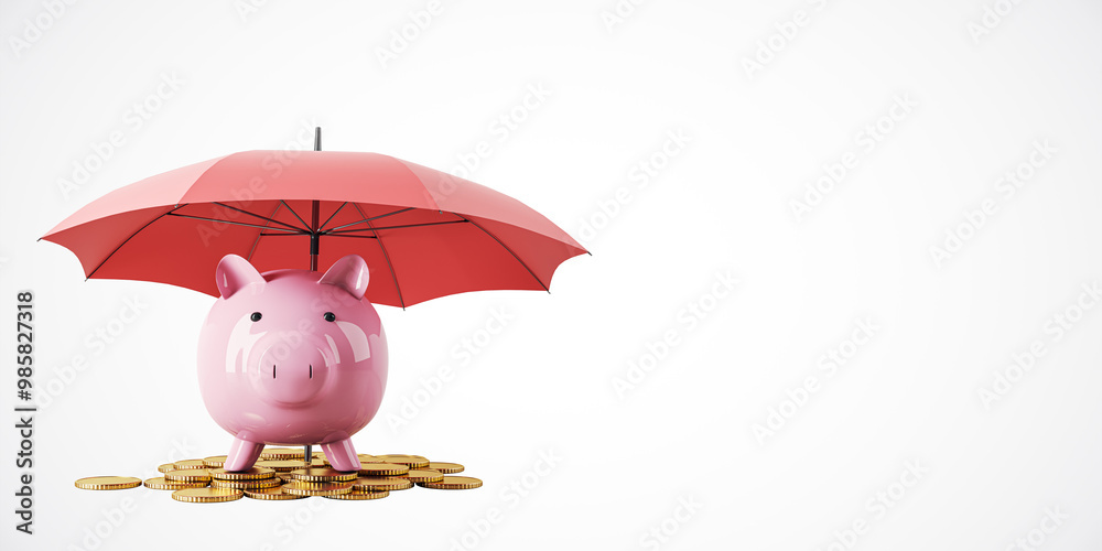 Poster piggy bank with red umbrella and coins on white background. 3d rendering