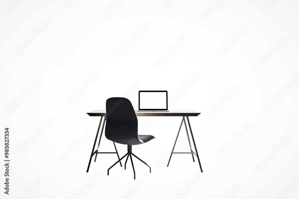 Poster Minimalistic workspace with laptop and chair on white background. 3D Rendering