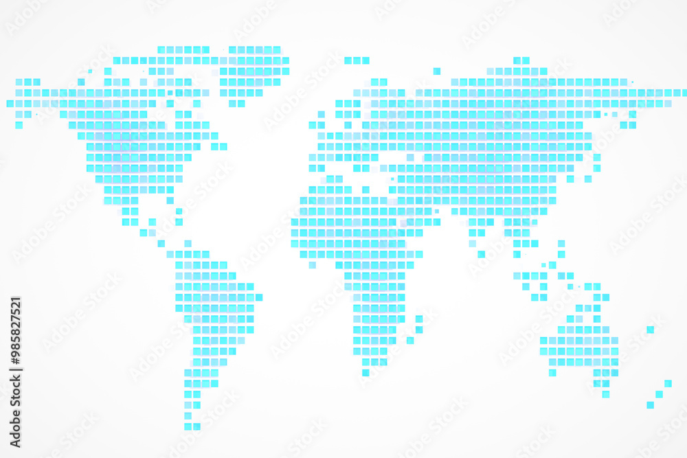 Poster Abstract World Map in Blue Pixelated Pattern on White Background. 3D Rendering