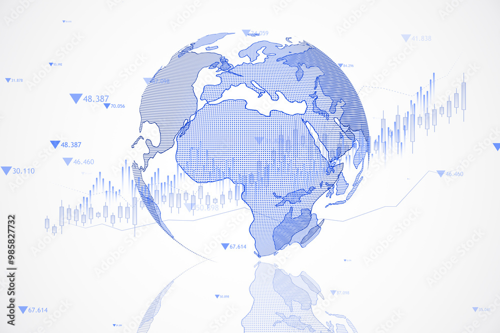 Aufkleber Global financial data visualization with Earth and stock market charts. 3D Rendering