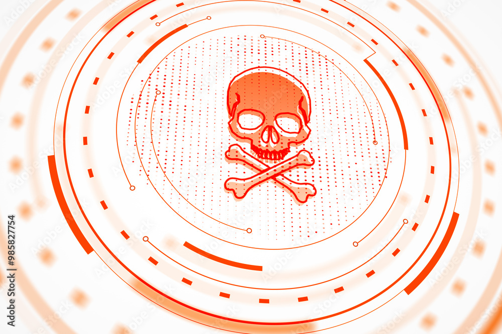 Poster Digital Skull and Crossbones with Abstract Circular Patterns. 3D Rendering