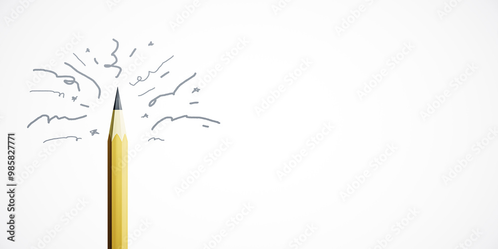 Poster yellow pencil with creative abstract lines on a white background. 3d rendering