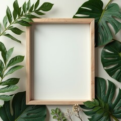 Mockup image poster frame close up and wood cabinet in cozy white interior background , frame classic, minimalistic, floral