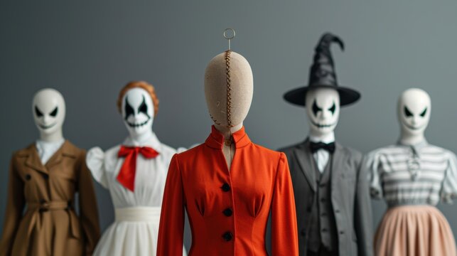 A lineup of classic horror character costumes displayed on mannequins, showcasing the variety and creativity of Halloween dress-up options.