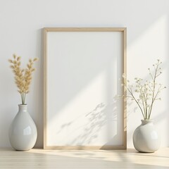Mockup image poster frame close up and wood cabinet in cozy white interior background , frame classic, minimalistic, floral