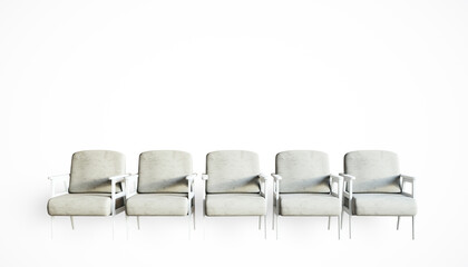 Row of five cushioned chairs on a white background. 3D Rendering