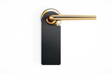 Black door hanger on gold door handle isolated on white background. 3D Rendering