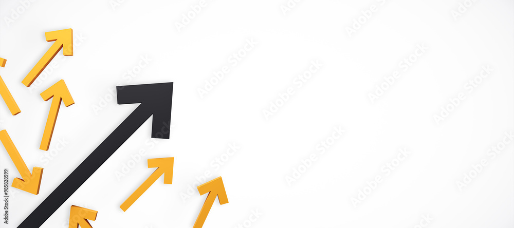 Poster black and yellow arrows pointing upwards on white background. 3d rendering