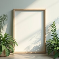Mockup image poster frame close up and wood cabinet in cozy white interior background , frame classic, minimalistic, floral