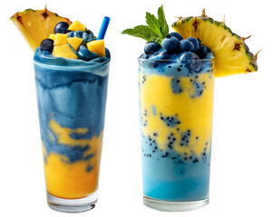 Two blueberry and pineapple smoothie cocktails on isolated white background