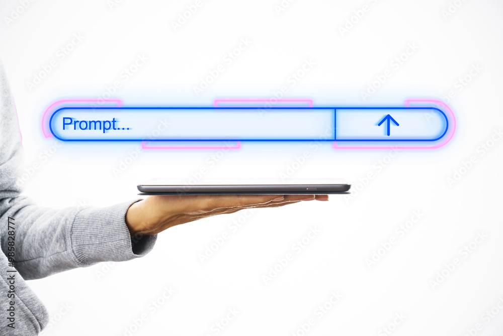 Poster Hand holding a tablet with a search bar floating above it on a white background.