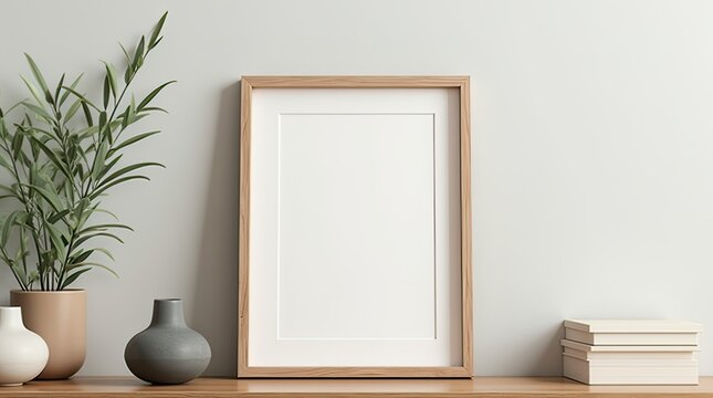 Mockup image poster frame close up and wood cabinet in cozy white interior background , frame classic, minimalistic, floral