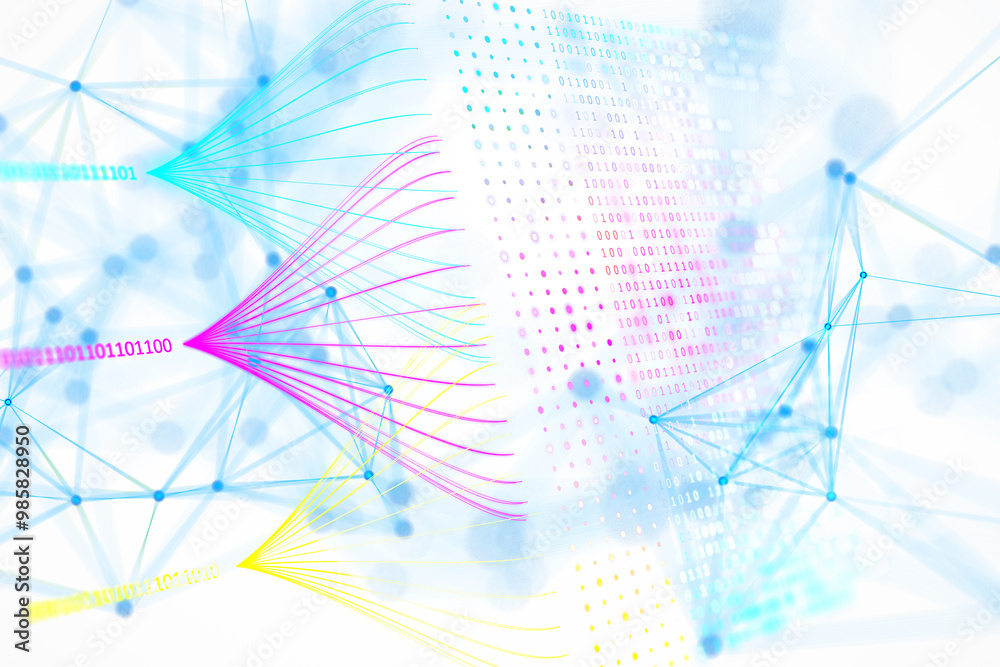 Fototapete Abstract digital data visualization with binary code and network connections. 3D Rendering