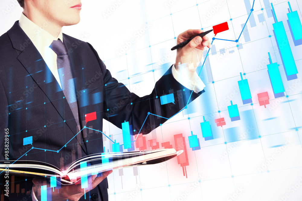 Poster businessman analyzing financial data on a transparent screen with a pen in hand.