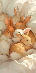Obraz premium Cute cartoon rabbits cuddle on a bed