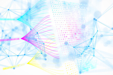 Abstract digital data visualization with binary code and network connections. 3D Rendering